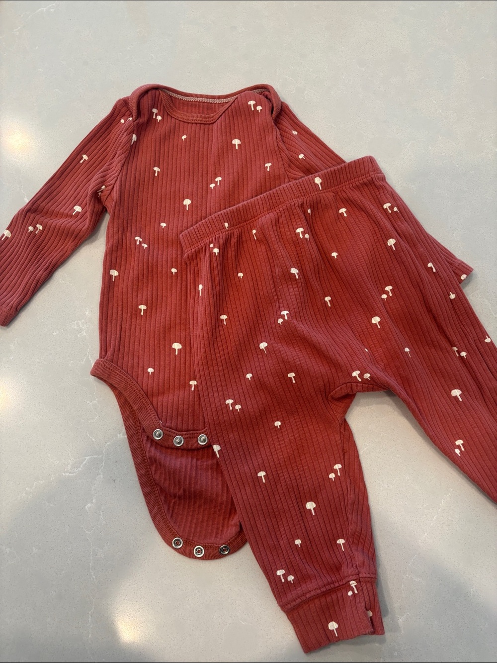cloud island Rust Ribbed Baby Set with Mushroom Motif/ never worn